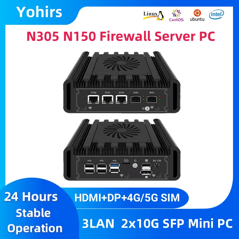 Yohirs 2x10G SFP 3x2.5G i226-V Lans ไฟร์วอลล์แบบแข็งแรงทนทาน มินิพีซี Intel i3 N305 N150 DDR5 M.2 NVMe Proxmox pfSense อุปกรณ์เซิร์ฟเวอร์ OPN