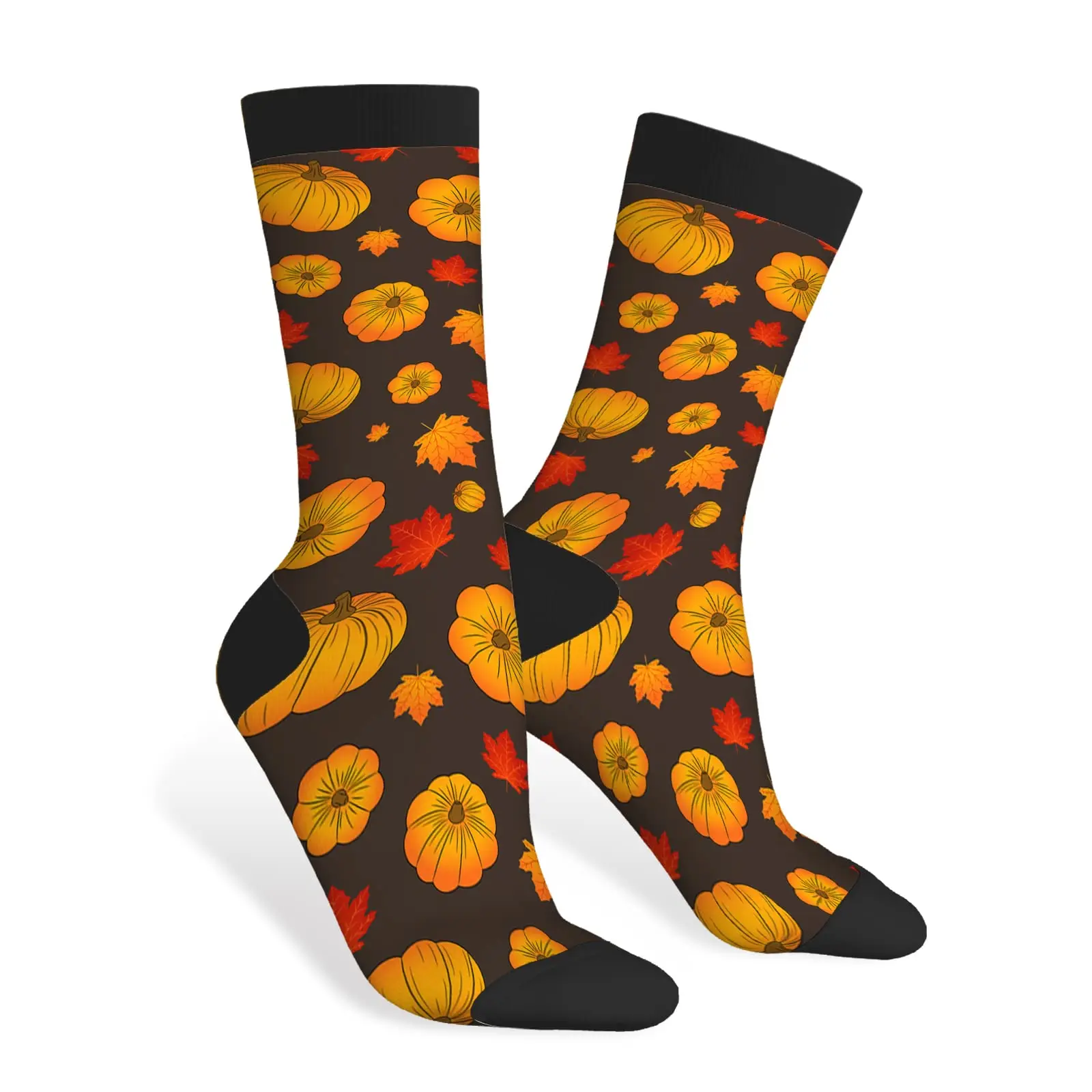 Pumpkins And Maple Leaves Funny Socks Orange And Red Ornament Foliage Autumn Halloween Novelty Casual Crew Socks Color Design