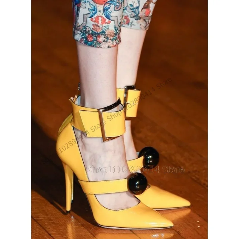 

Yellow Buckle Decor Hollow Design Pointed Toe Pumps Back Zipper Women Shoes Thin High Heels New Fashion 2023 Zapatos Para Mujere