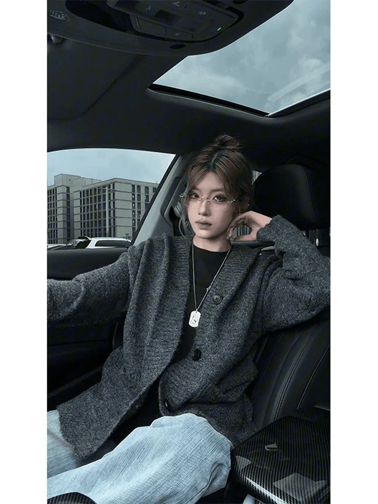 

Deep ey Hooded Open Cardigan Sweater ex Autumn Winter Lazy Aosphere Loose American Knitted Jaet Outerwear