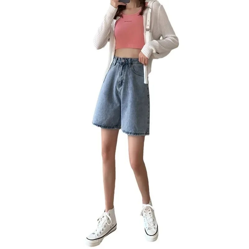 

Women Denim Washed Jeans High Waist Jean Spliced Knee Length Pants Wide Leg Jeans Zipper Fly Solid Distressed Pockets Casual