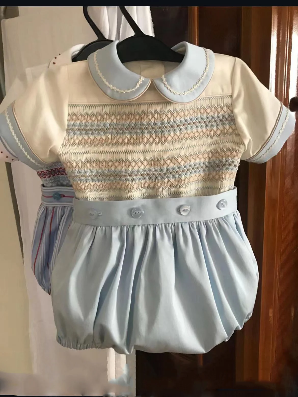 

0-4Y Boy Summer White Blue Smocked Outfit Suit