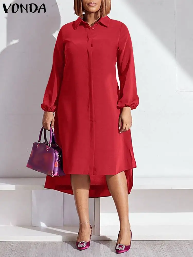 VONDA Women Elegant Asymmetrical Shirt Dress 2024 Autumn Casual Solid Color Long Lantern Sleeve Lapel Midi Sundress Loose Robe