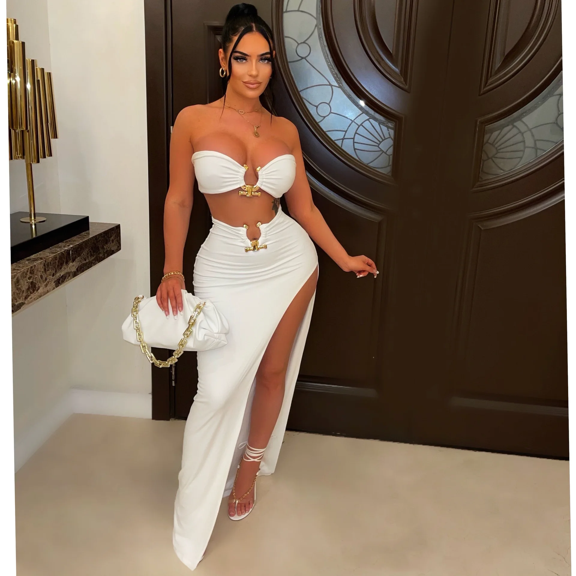 Skirt Set Women 2 Piece Sets Strapless Long Skirts High Slit Hip Wrap Y2k Streetwear Slim Fit Elegant Party Night Beach Sexy