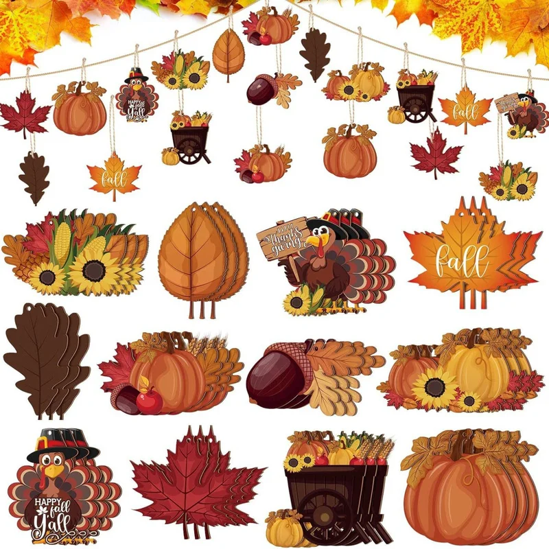 12pcsAutumn Thanksgiving Wooden Decorations，Turkey, pumpkin, maple leaf, acorn themed holiday decorations，Suitable for party atm