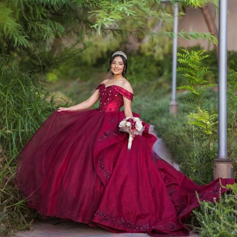 Vestido de princesa rojo para quinceañera, falda larga hinchada, vestido de baile, fiesta de graduación, hombros descubiertos, desfile de cumpleaños para niña de 15 a 16 años, 2023