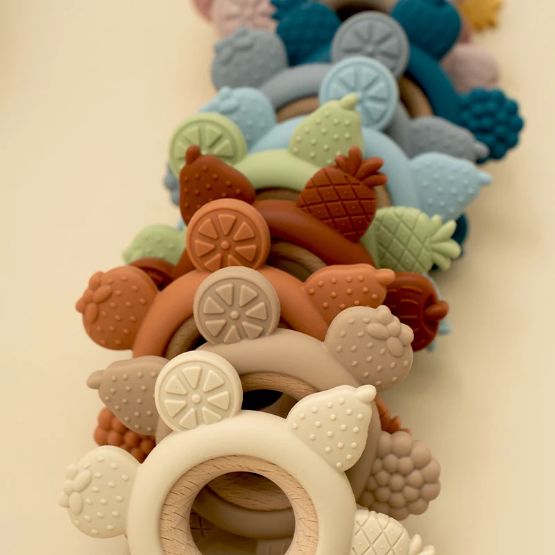 1개 아기 과일 모양 치발기 BPA 프리 실리콘 치발기 나무 링 포함 유아용 씹는 장난감 남아 여아 신생아 선물