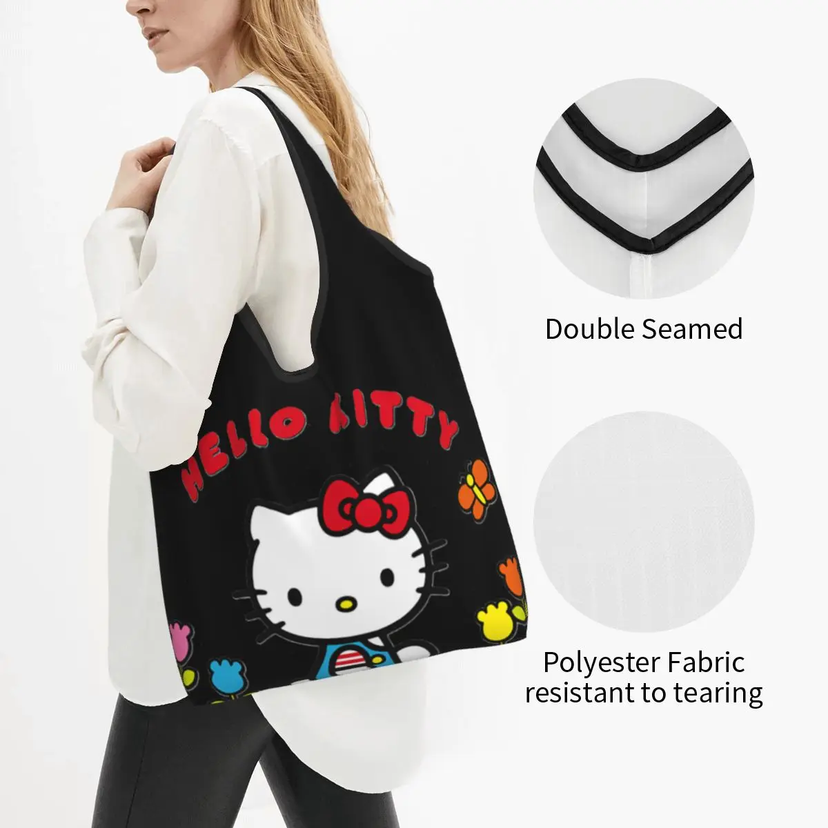 Custom Hello Kitty Cat Groceries Shopping Bags Cute Shopper Tote Shoulder Bag Big Capacity Portable Anime Cartoon Handbag