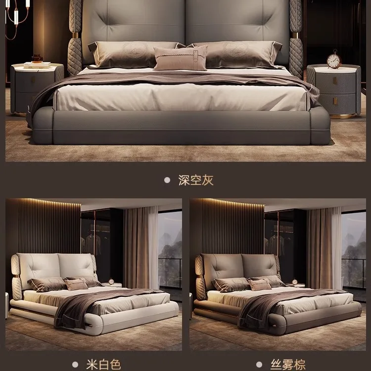 سرير جلدي إيطالي فاخر خفيف وحديث وبسيط وسرير مزدوج مصمم بأجواء راقية وأرضية حقيبة ناعمة لغرفة النوم الرئيسية #4