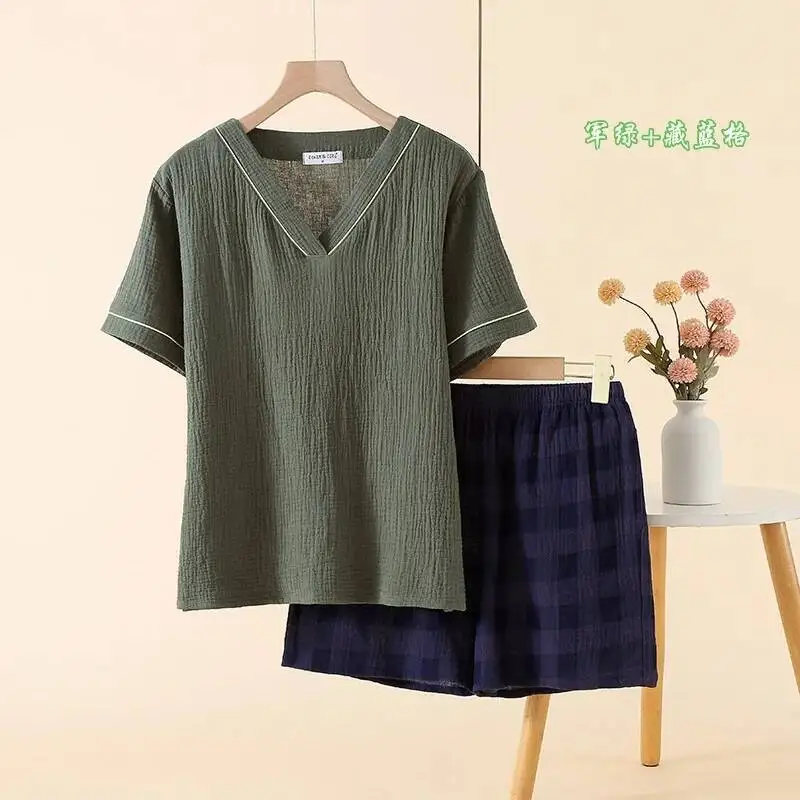 

Лето 2025 г., одинаковые по цвету хлопковые марлевые женские топы с v-образным вырезом и короткими рукавами и шортами, пижамный комплект из 2 предметов
