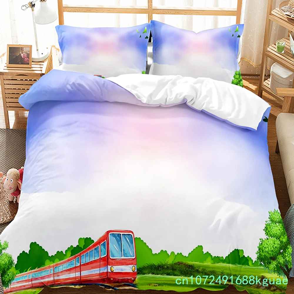 Cartoon Train Duvet Cover Set Double Single King Size Polyester Comforter Cover Transport Car Pattern Quilt Cover Bedding Set