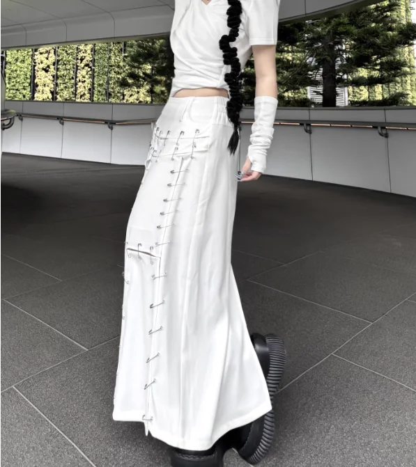 3xl primavera verão branco europeu americano sexy emenda divisão saia meninas moda cintura alta a linha versátil rua saias longas