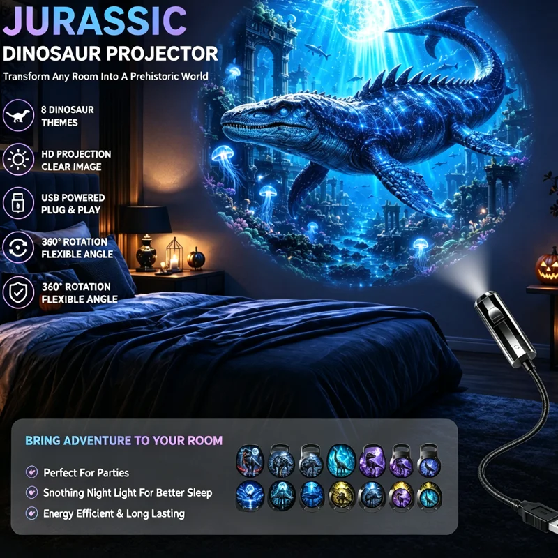 Fantasy Dinosaur Projector Light, USB Powered Moonlight Jurassic Galaxy Ambient Night Light, Suitable for Bedroom Decor