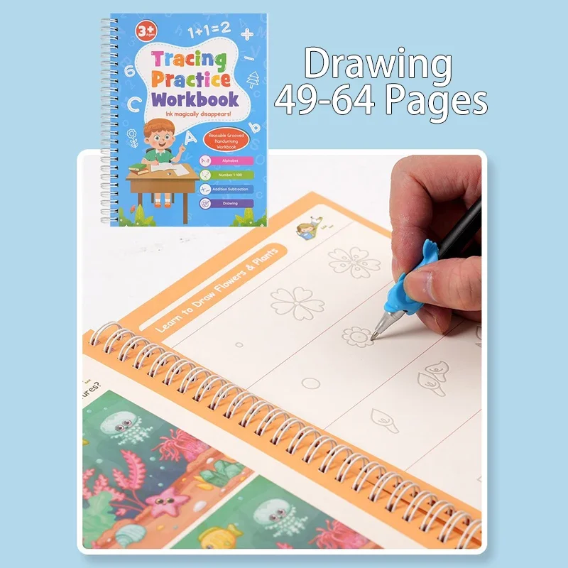 ตัวอักษรจํานวนการเขียนสมุดงานการประดิษฐ์ตัวอักษร 64 หน้า Eusable Tracing Book 4in1 Magic Practice ลายมือพร้อมปากกา