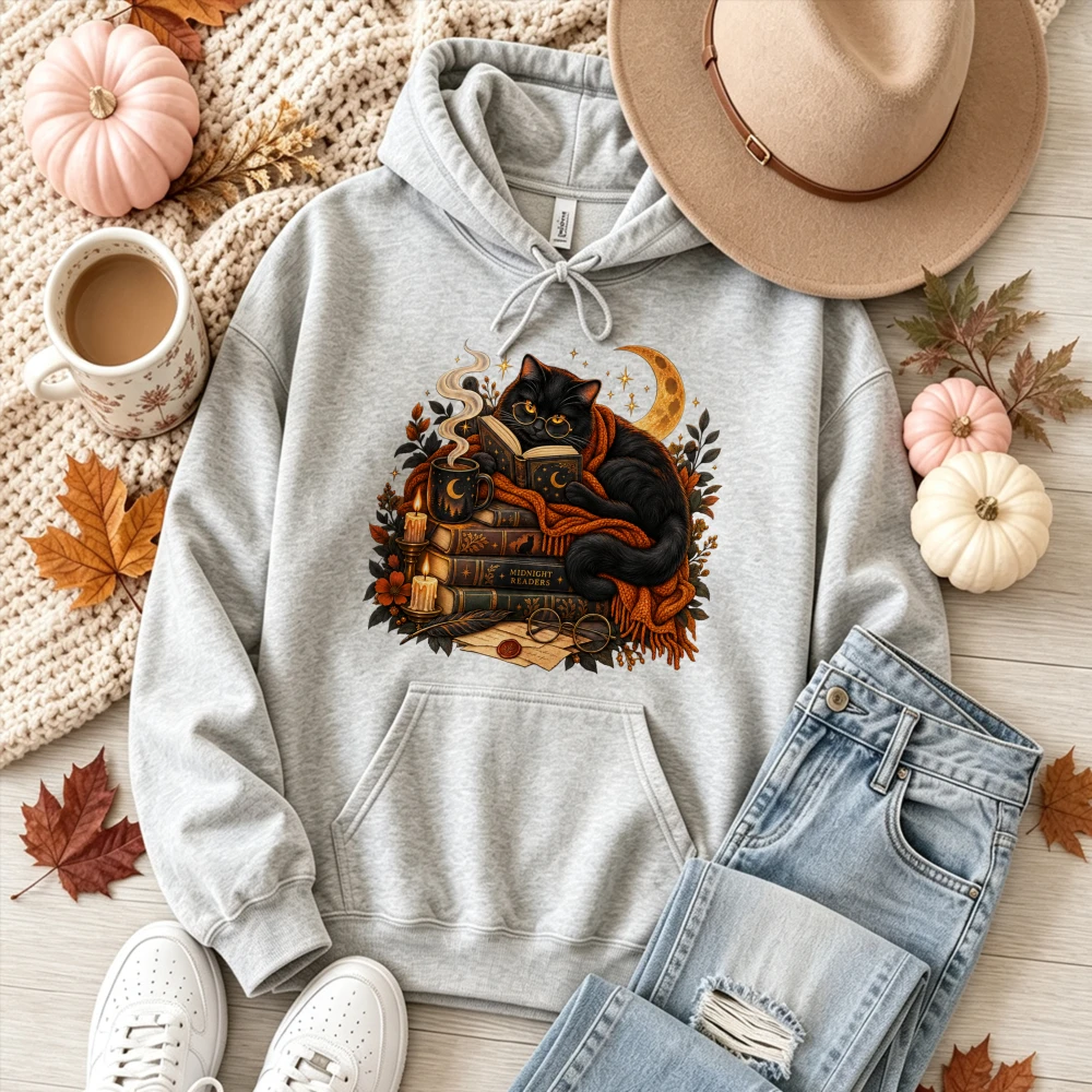 Black Cat Reading Books Moon Candle Autumn Pullover Witchy Vintage Bookish Fall Magic Crescent Moon Floral Casual Warm Cozy Tops