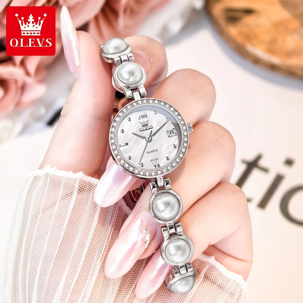 ساعات نسائية فاخرة من OLEVS بحزام لؤلؤ الماس وساعة كوارتز بتقويم مقاوم للماء ومجوهرات للسيدات ساعة يد أصلية