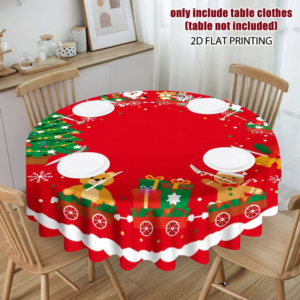 2D flat print, 1 piece Christmas train and tree round tablecloth design