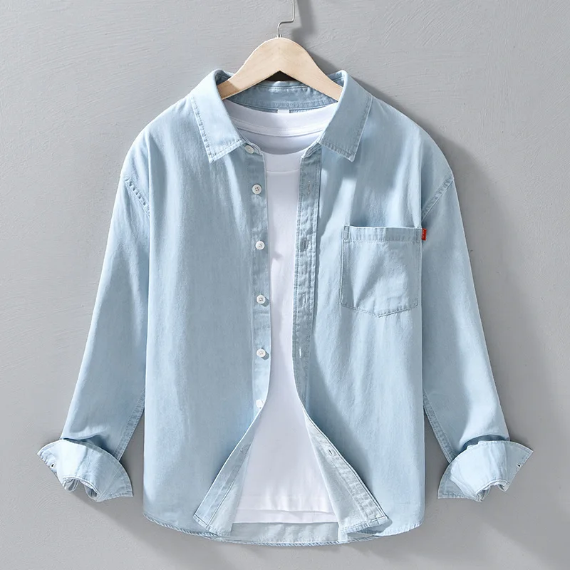 

Мужская японская джинсовая куртка-рубашка из 100% хлопка, модная верхняя рубашка с длинными рукавами на весну/осень (повседневный и универсальный молодежный стиль)