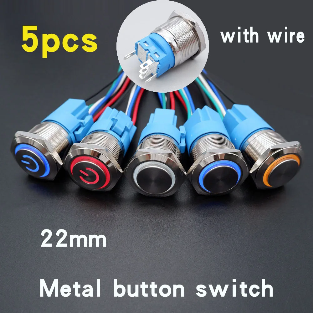 

5pcs 22mm Metal Button Switch LED Light High Head Waterproof Button Automatic Reset Self-locking Power Symbol With Wire 5V 12V