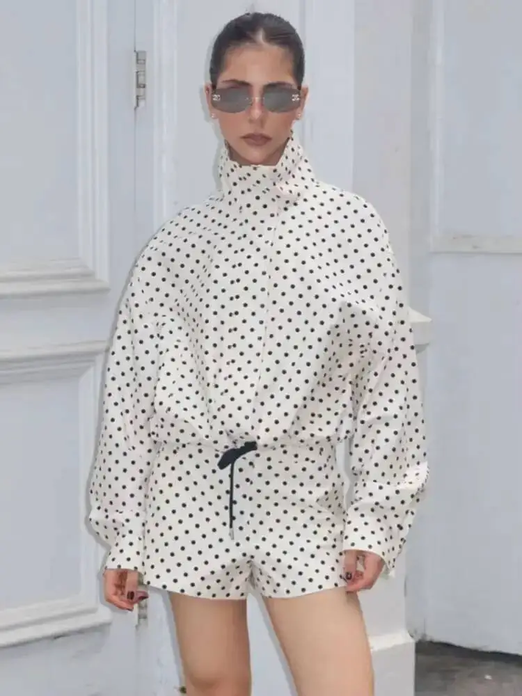 

Female Autumn Fashion Polka Dot Printed Set Long Sleeves Turtleneck Drawstring Jacket+A-Line Shorts Women's Vintage Suit