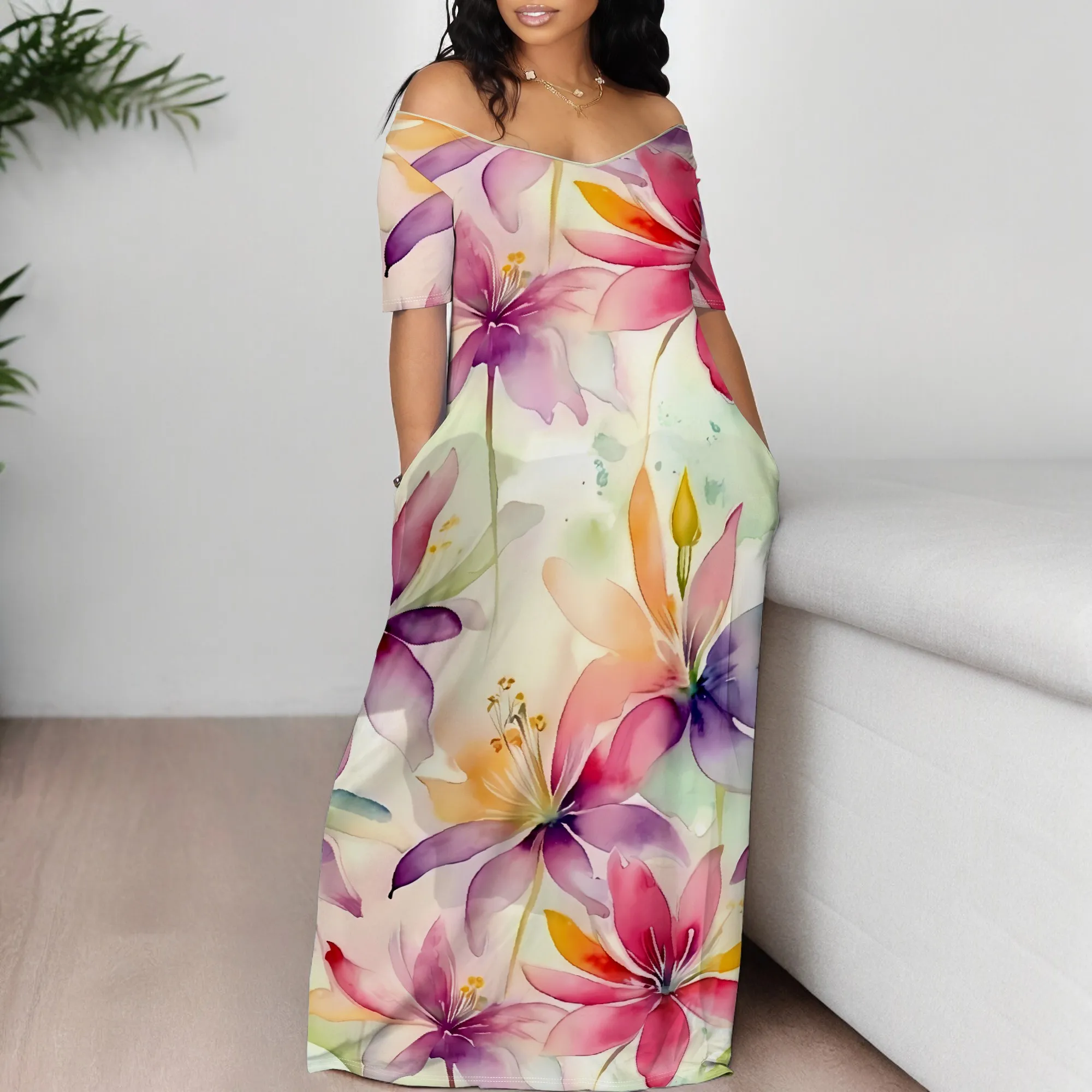 

Nupusa Floral Print Summer Dress for Women Off Shoulder Short Sleeve Casual Maxi Dress