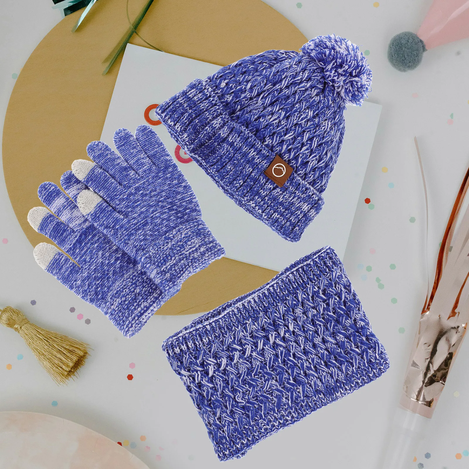 

Winter Hat Gloves Scarf Set Sky Blue Fleece Lined Pom Pom Beanie Knitted Neck Warmer Winter Outdoor Gloves
