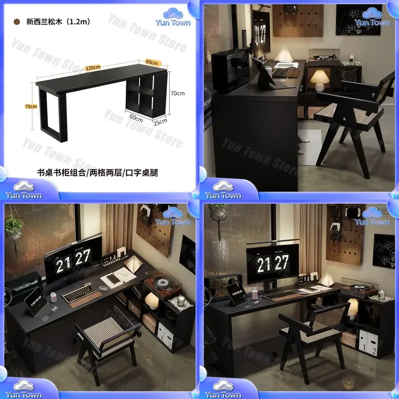 Nordic All Solid Wood Learning Computer Desk for Home Office Bedroom Study Room Black Corner Desk with Bookshelf for E-Sports