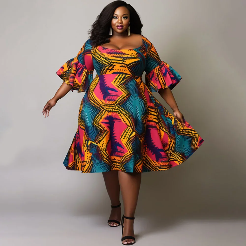 

Plus Size Daily Multicolor Ankara Square Neck Flare Half Sleeve Knitted Knee-length Midi Dresses