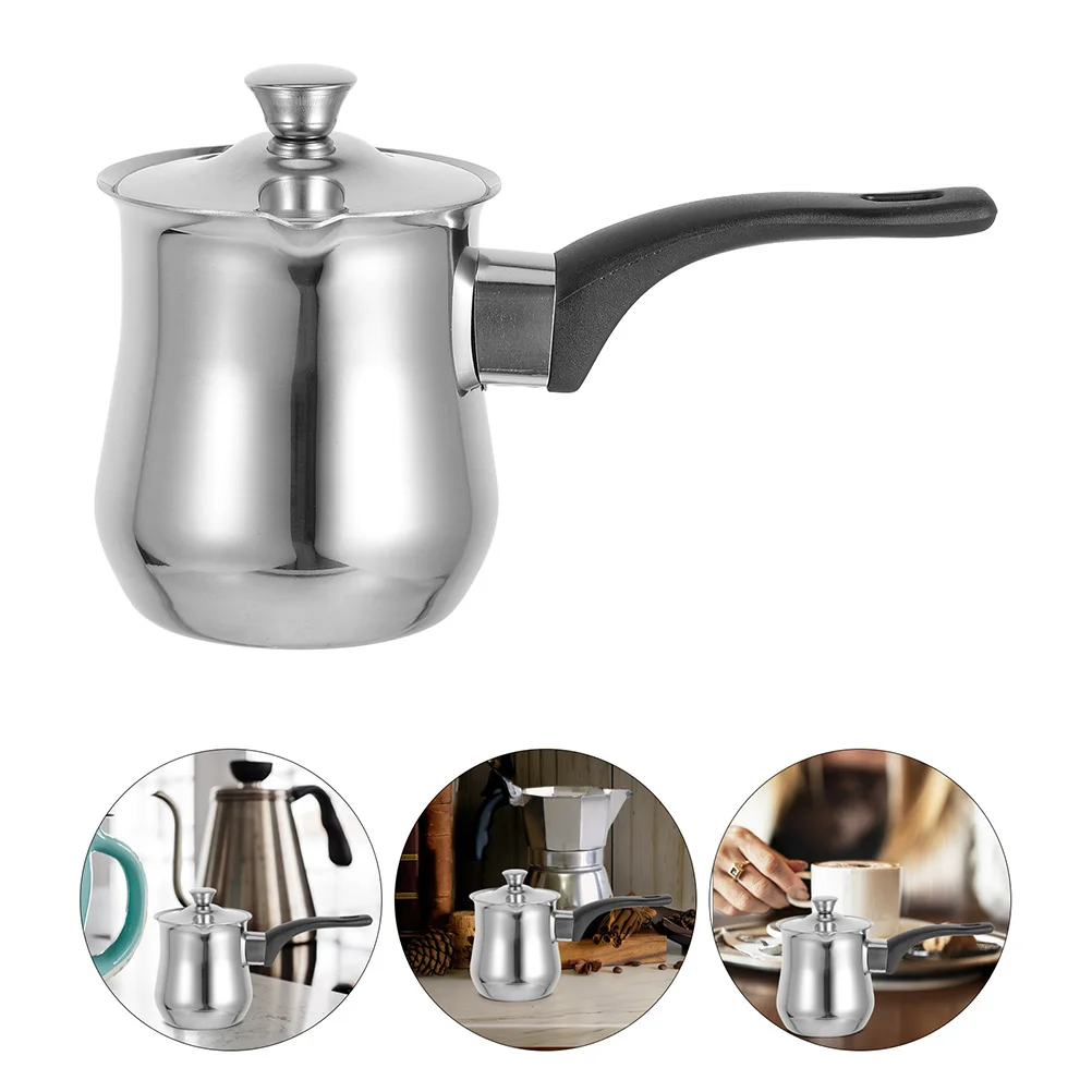 

Stainless Steel Turkish Coffee Pot 540ml Small Butter Melter Pot Milk Frothing Pitcher Lid Coffee Warmer Small Sauce Pan