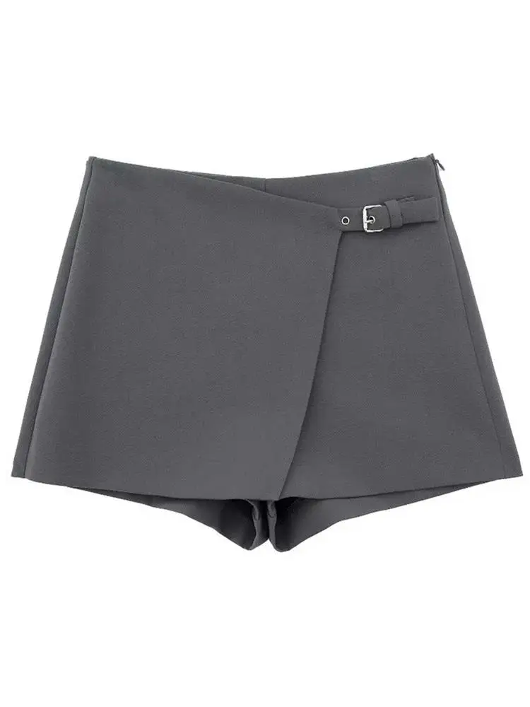 

2024 Women Fashion Belt Design Asymmetrical Mini Skirt Shorts Lady Side Zipper Hot Shorts Chic Pantalone Cortos