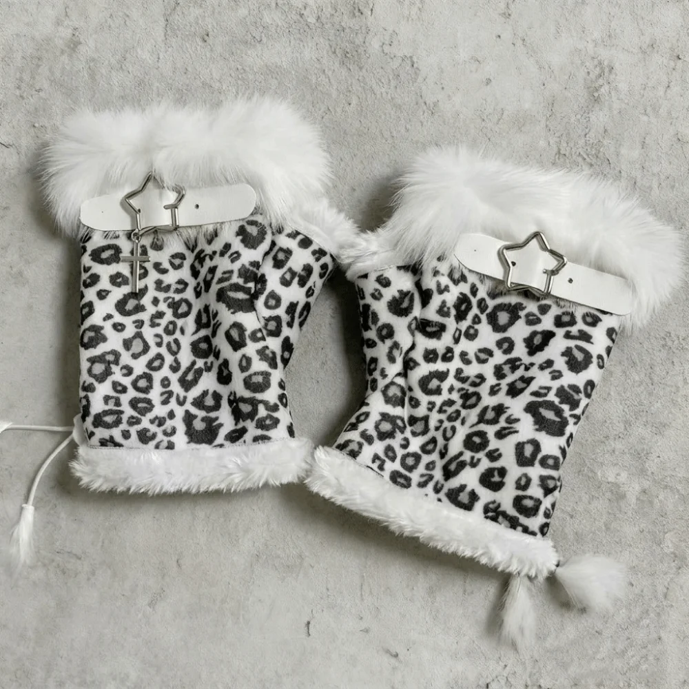 Faux Fur Lining Fingerless Gloves Leopard Print Windproof Half Finger Gloves Suede Winter Warm Y2K Mittens Christmas Gift