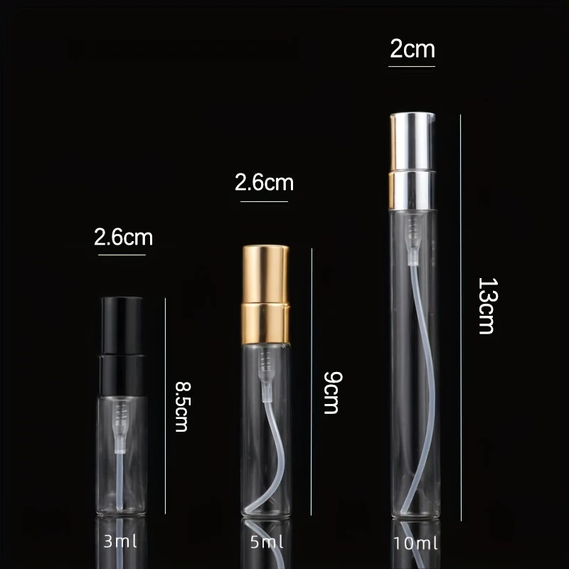 5pcs, 3ml/5ml/10ml spray bottle, transparent refillable perfume glass bottle, including 5 spray bottles, 1 dropper and 1 funnel