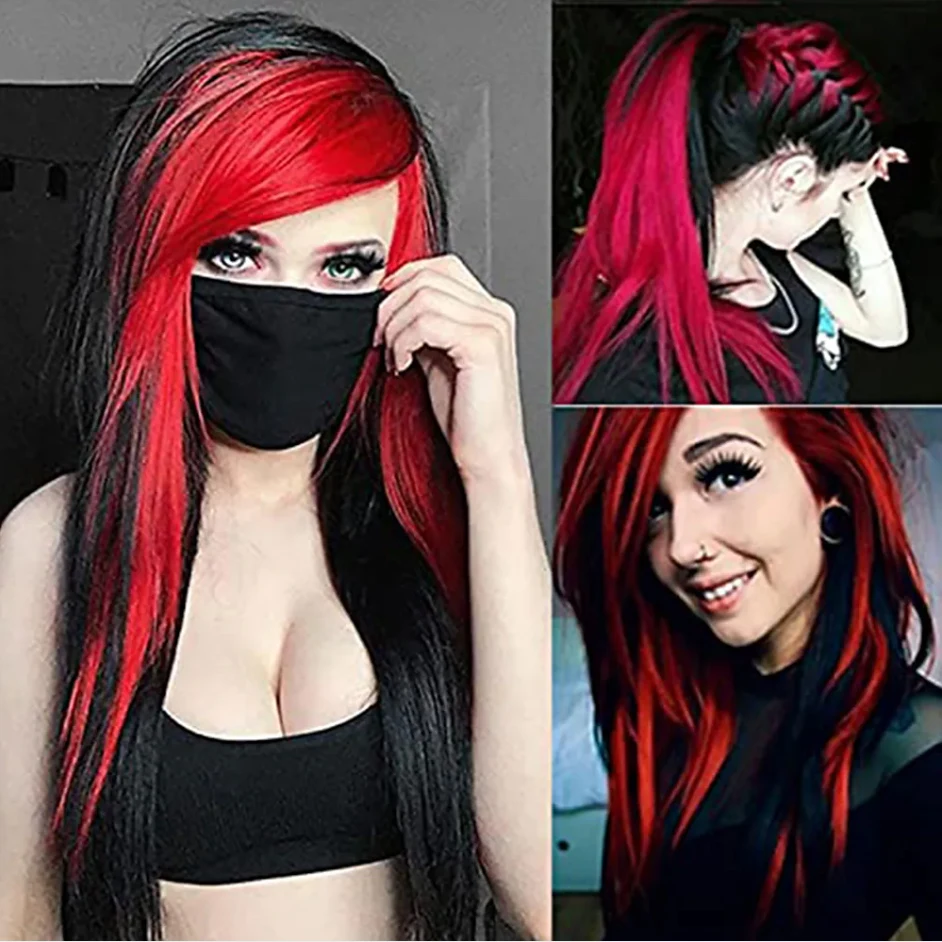 HAIRJOY Synthetic Hair Long Red Black Straight  Heat Resistant Side Bangs Halloween Costume Women Wig