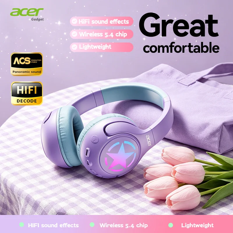 Acer Ohr831 Foldable Wireless Headphones with Bluetooth 5.4, Breathable Soft Sponge Ear Pads, Hifi Sound Quality, Large Capacity Battery, Long-Lasting Battery Life, Suitable for Gaming, Audio-Visual Use, and Daily Use
