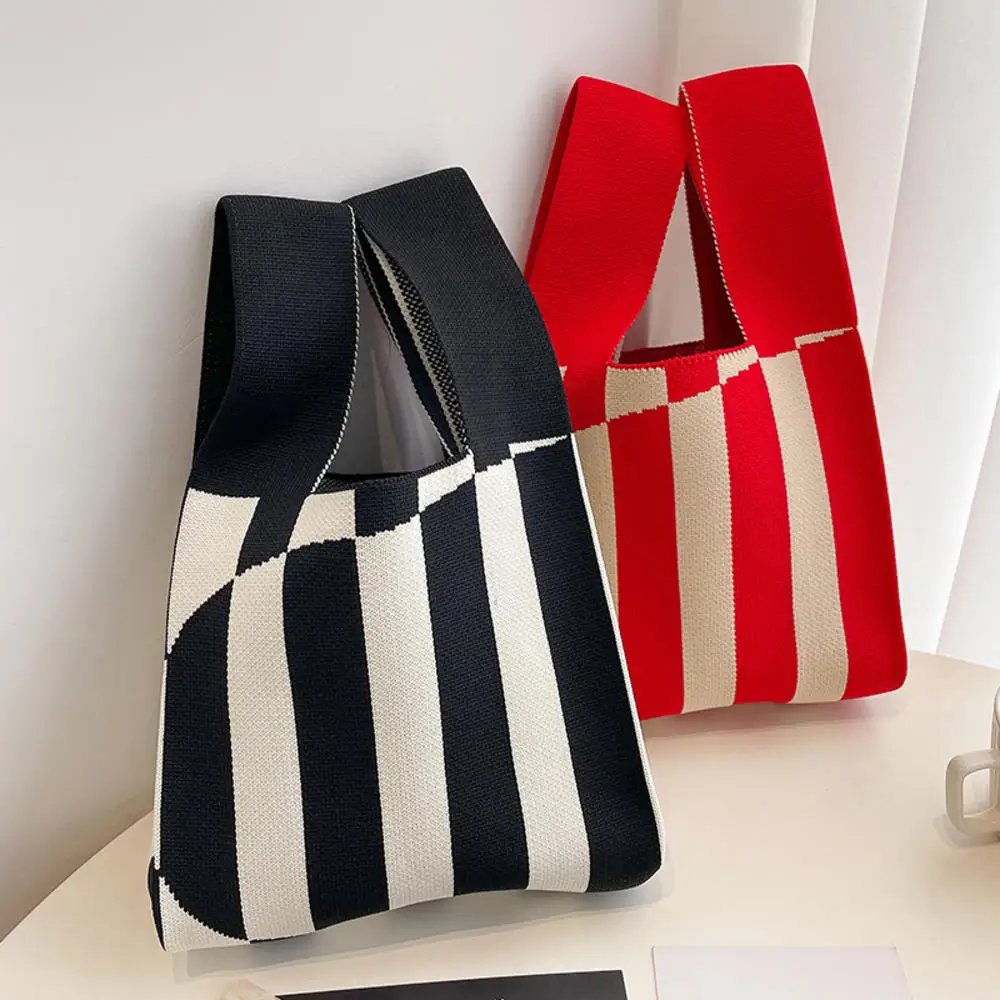 Handmade Knit Handbag Women Mini Knot Wrist-bag Female Casual Color Wide Stripe Plaid Tote Bag Student Reusable Shopping Bag