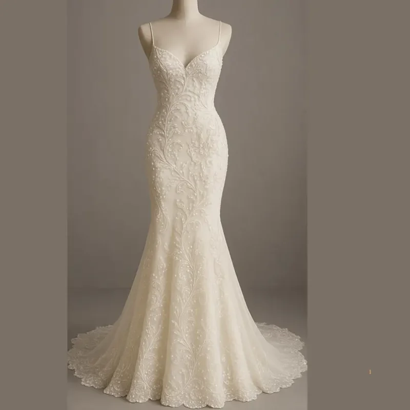 

Customized Handmade Decoration Wedding Dress Long String Wedding Dress V-Neck Mermaid Dress Sleeveless Wedding Dress