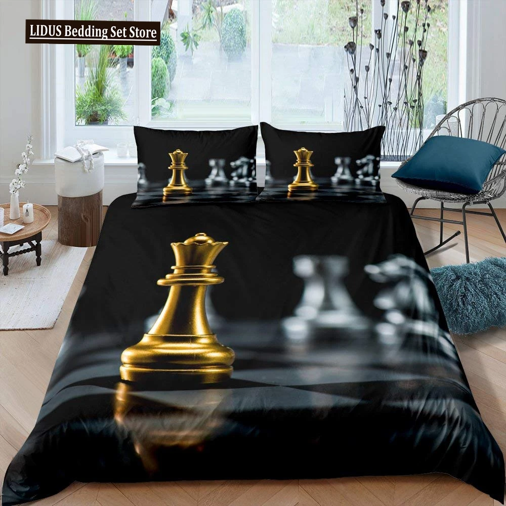 

International Chess Duvet Cover Set Queen Size Chess Lovers Bedding Set For Boys Adults Microfiber Black Base 2/3pcs Quilt Cover