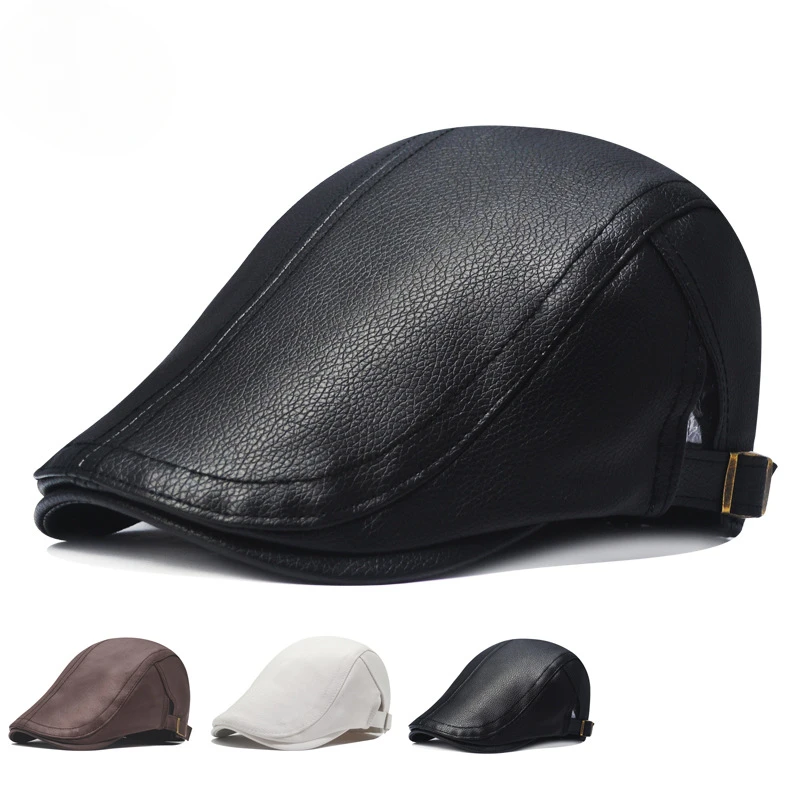 Leather Cap  Men's Imitation Sheepskin Beret  Leather Hat The Elderly Forward Hat  Artificial Leather Hat Literary and Retro