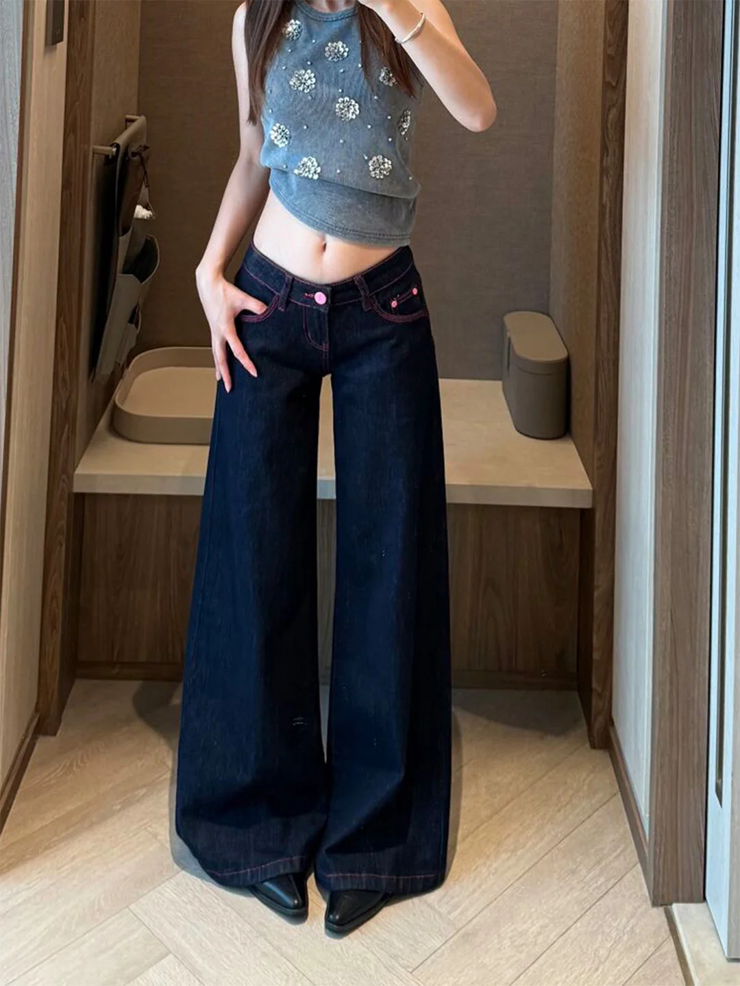 

Джинсы с низкой талией, облегающие, прямого кроя, в американском стиле, женские, ретро, с широкими штанинами, повседневные, летние, новинка