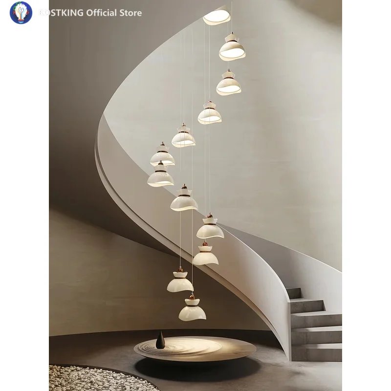 French Medieval Style Staircase Pendant  with A High-end Feel Creamy Style Loft Cantilevered Duplex Rotating Villa Pendant Light