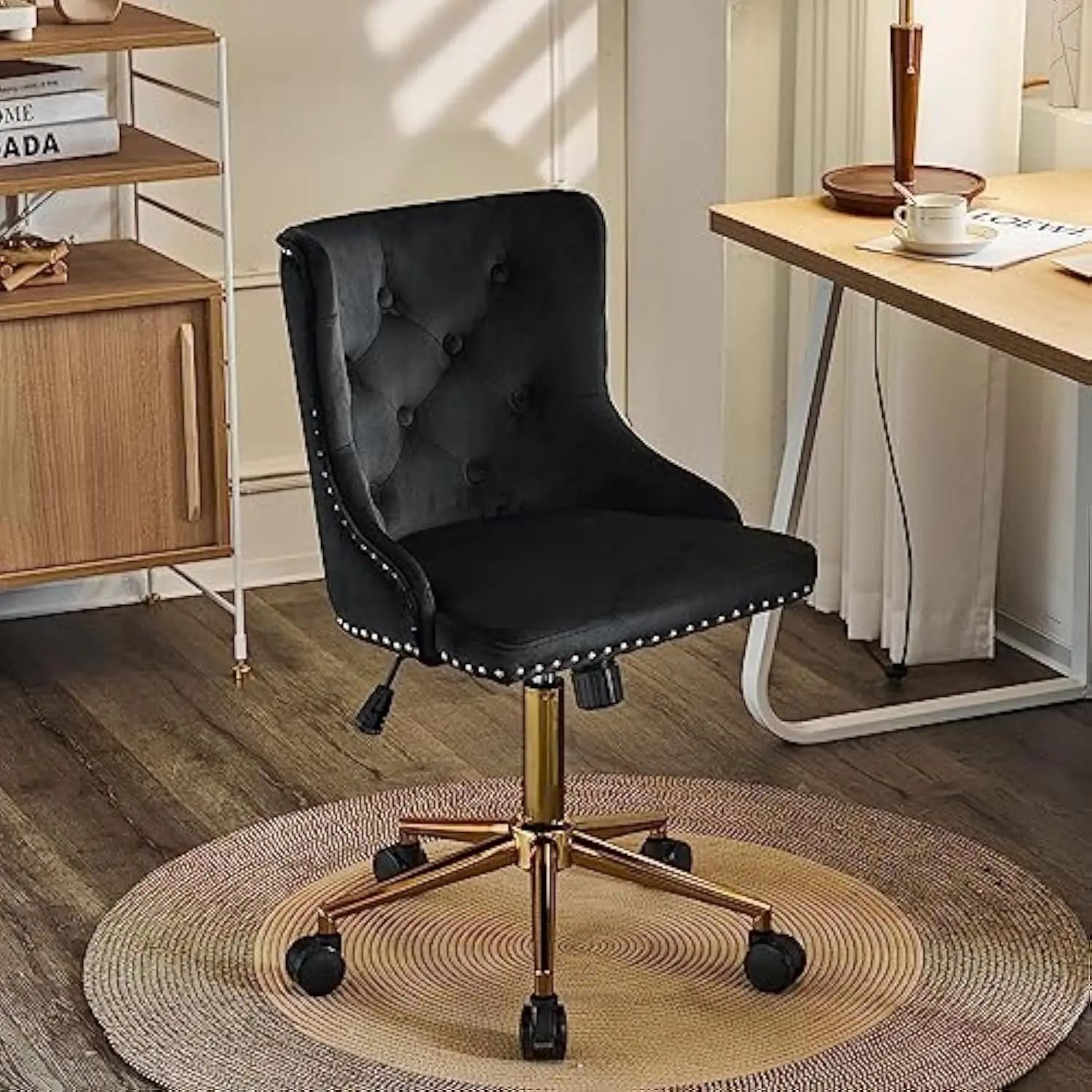 

Black Velvet Armless Home Office Desk Chair with Gold Base/Wheels, Small Cute Vanity/Makeup Chair with Back for Bedroom, Uphol