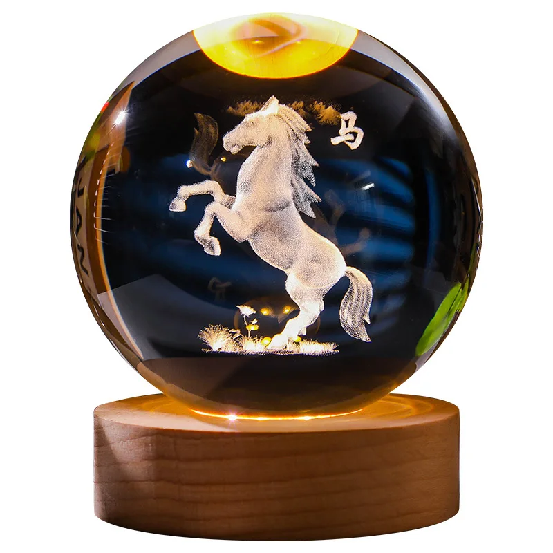 Crystal Ball Night Light USB Power Supply Warm Light Dragon Horse Monkey Sheep Chicken Pig Birthday Gift Zodiac Luminous Crafts