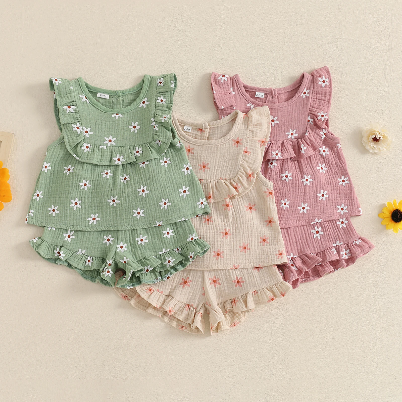 0-4Y Kids Girls Summer Shorts Sets Floral Sleeveless Crew Neck Ruffle Tank Top and Shorts 2-piece Sets Baby Outfits