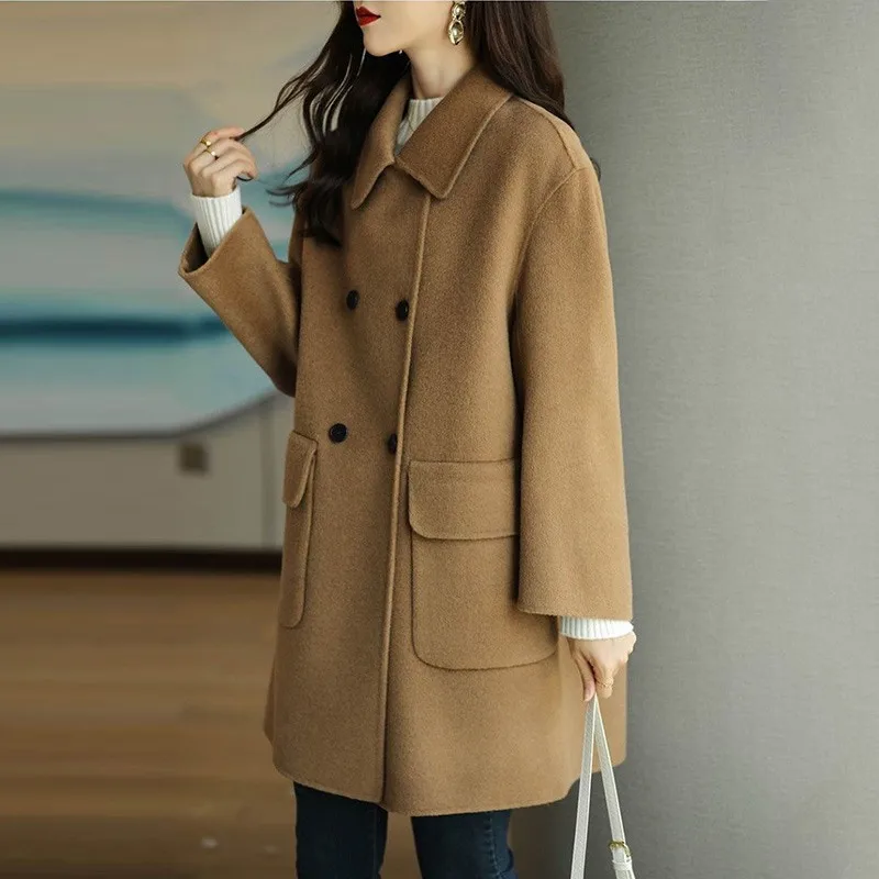 Autumn Women Coat Lapel Double Breasted Trench Coat Flap Pockets Thermal Jacket Mid-length Thickened Overcoat Warm Winter Jacket