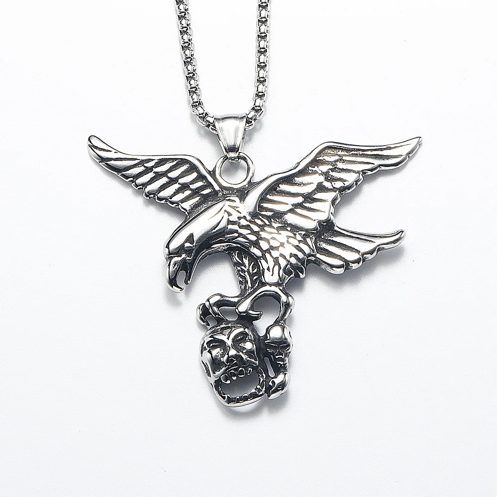 European and American Trend Street Roc Spreading Wings Skull Head Stainless Steel Men's Pendant Necklace