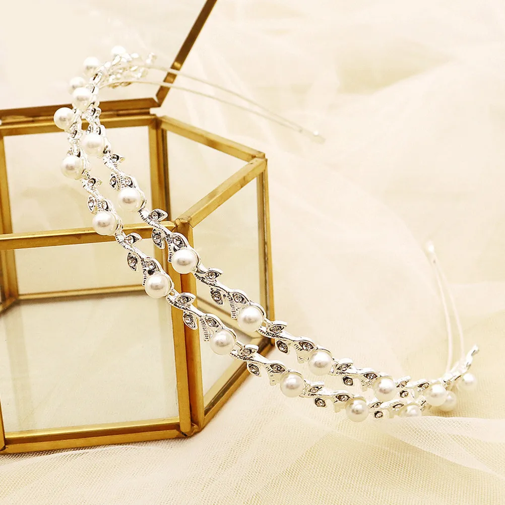 

Свадебный жемчужный ободок с двойным слоем страз и листьями, элегантные свадебные аксессуары для волос для невесты, подружек невесты, праздничные обручи для волос