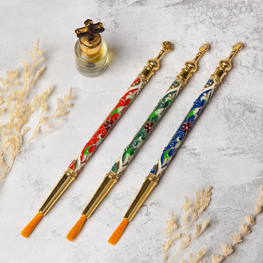 Gold Plated Color Enamel Orthodox Holy Oil Anointing Brush Floral Pattern Priest Liturgical Church Chapel Ritual Worship Accesso