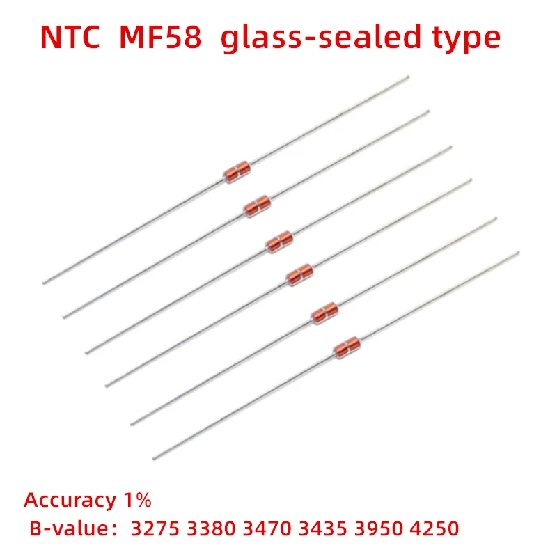 20PCS NTC Glass-sealed Thermistor MF58 Accuracy 1%  B-value 3275/3380/3470/3435/3950/4250 1K/1.5K/2K/2.2K/2.7K/3K/50K/100K/200K