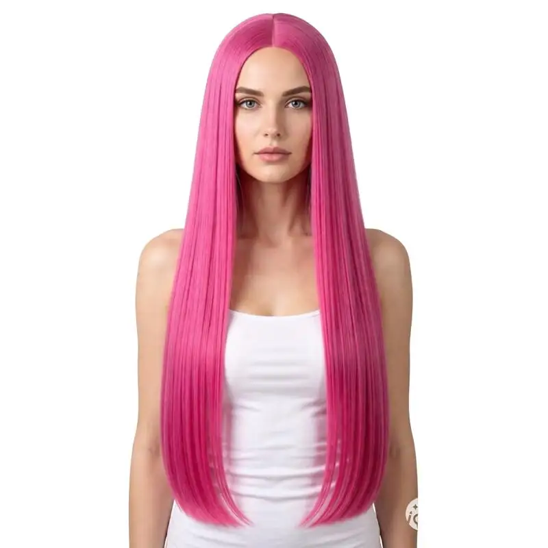 Long Straight Pink Synthetic Wig for Women 100cm Heat Resistant Cosplay Wigs Bright Pink Straight Hair for Halloween Cosplay