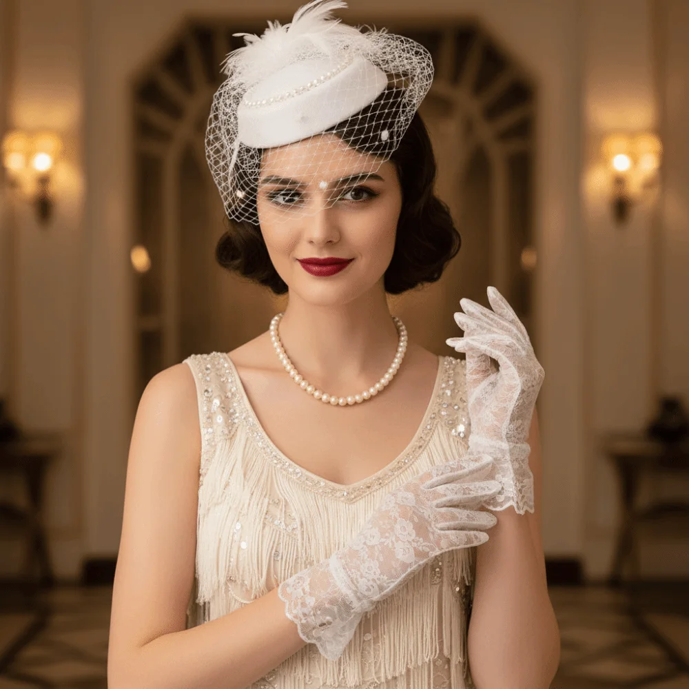 

Retro Exquisite Mesh Feather Headband Elegant Pearl Bride Headdress Formal Hat Sweet 1920s Hair Accessories Stage Performance